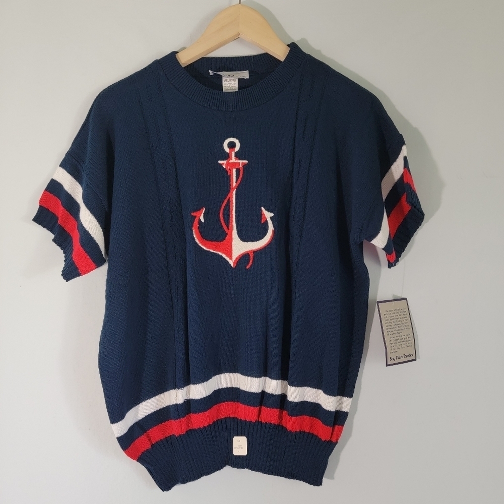 NEW Bay Point Threads Women Black "Anchor" Nautical Knit Top Sz XL Short Sleeve